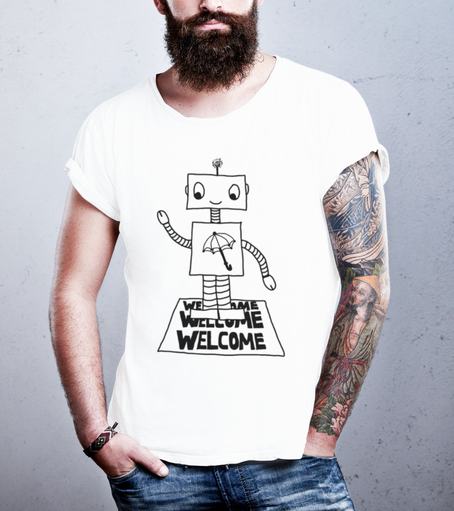 Robot Welcome Friendly Waving With Umbrella T-Shirt