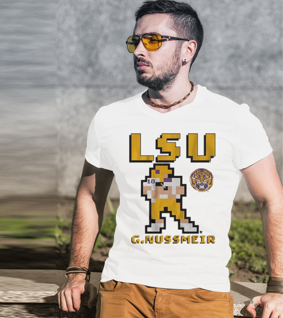 LSU Football G. Nussmeier Retro Pixel Art Tiger Pride T-Shirt