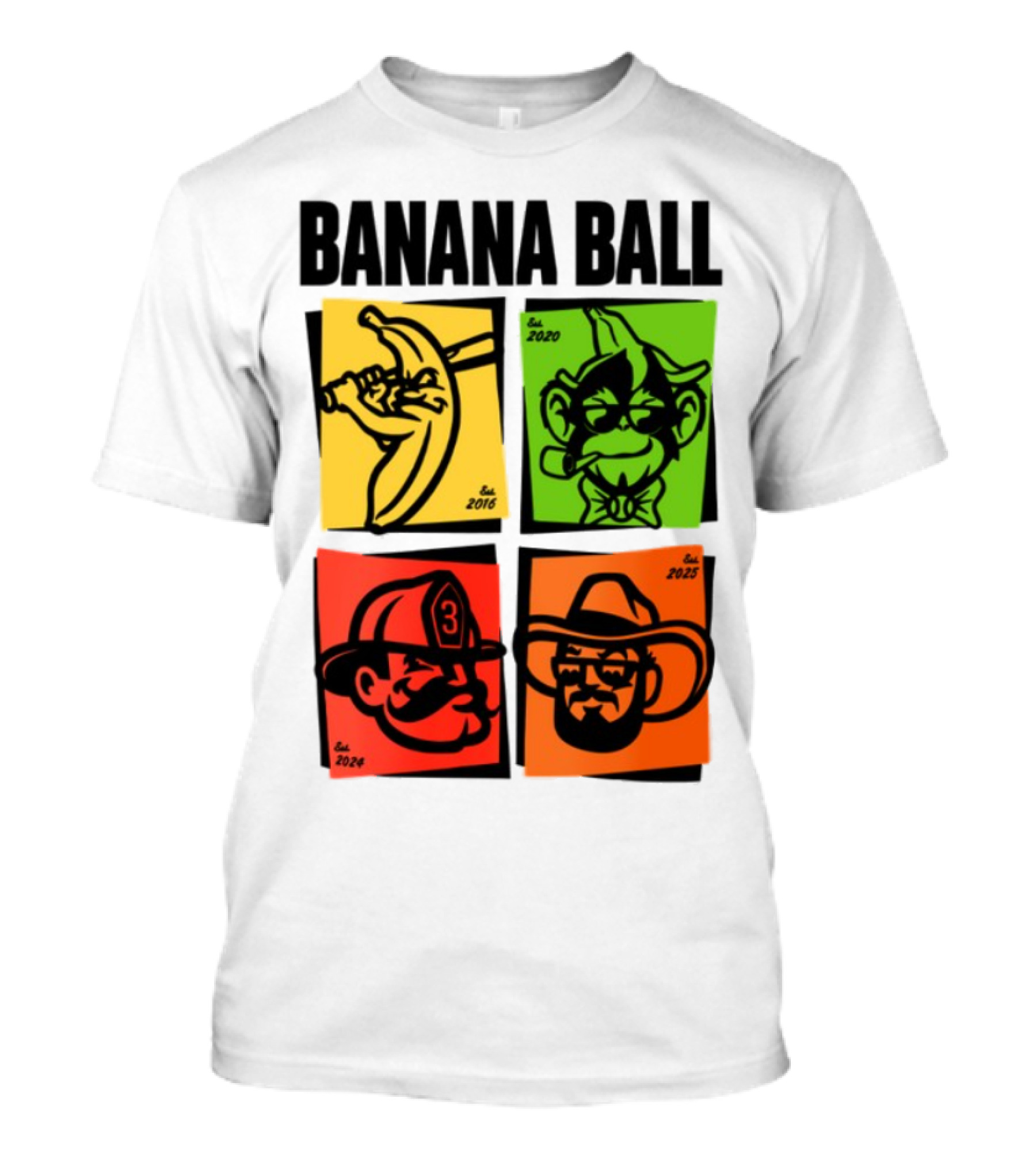 Banana Ball 2025 Cowboy Firefighter Joker Swordsman Icons Est 2016 2020 2024 2025 T-Shirt