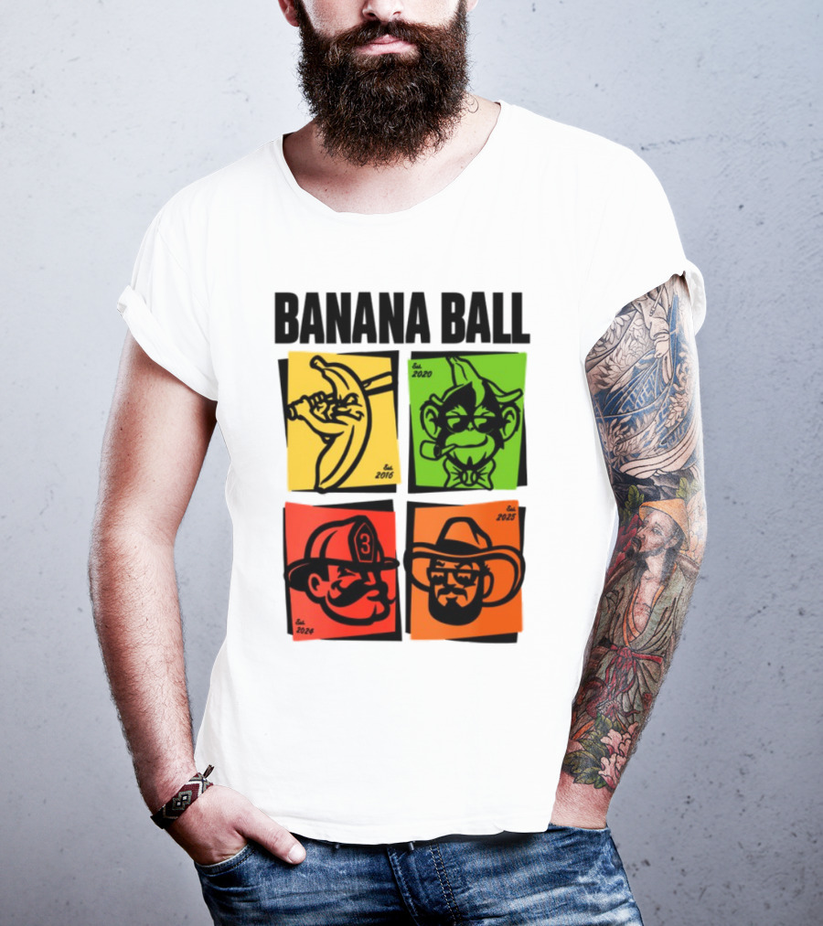 Banana Ball 2025 Cowboy Firefighter Joker Swordsman Icons Est 2016 2020 2024 2025 T-Shirt