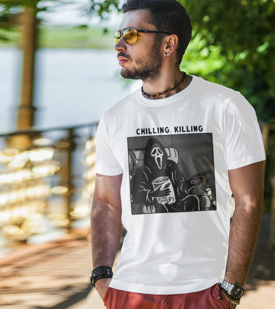Ghost Face Chips Chilling Killing Movie Night Vibes T-Shirt