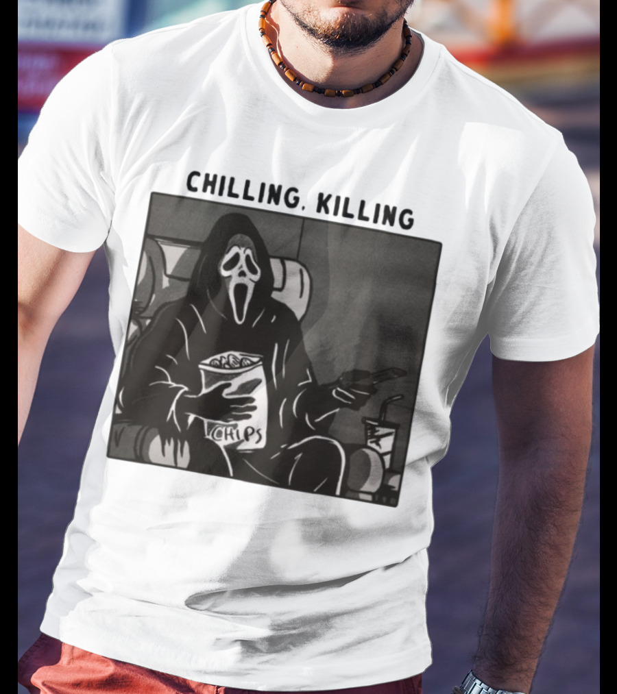 Ghost Face Chips Chilling Killing Movie Night Vibes T-Shirt