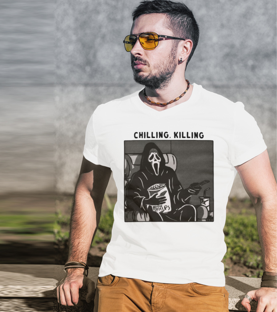 Ghost Face Chips Chilling Killing Movie Night Vibes T-Shirt