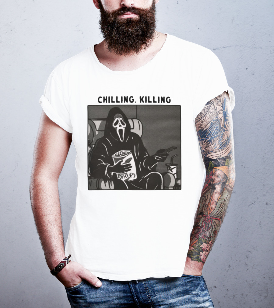 Ghost Face Chips Chilling Killing Movie Night Vibes T-Shirt