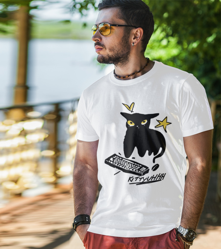 Kittyuhhh Cat At Keyboard With Yellow Eyes And Stars T-Shirt