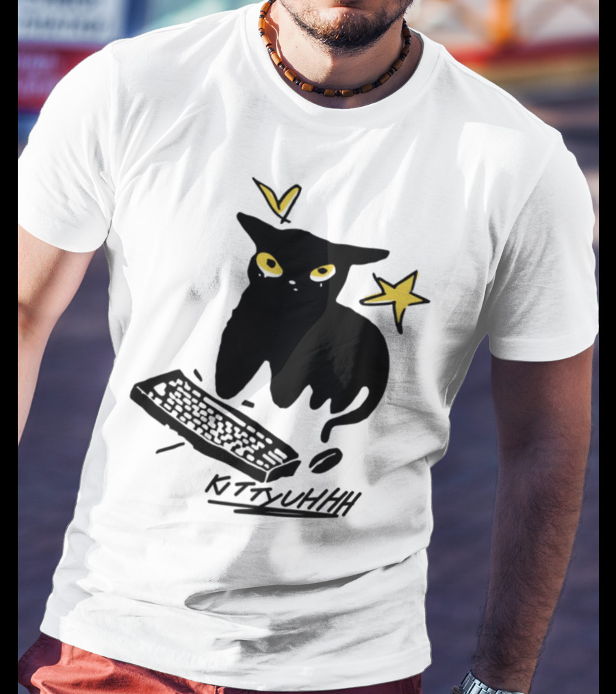Kittyuhhh Cat At Keyboard With Yellow Eyes And Stars T-Shirt