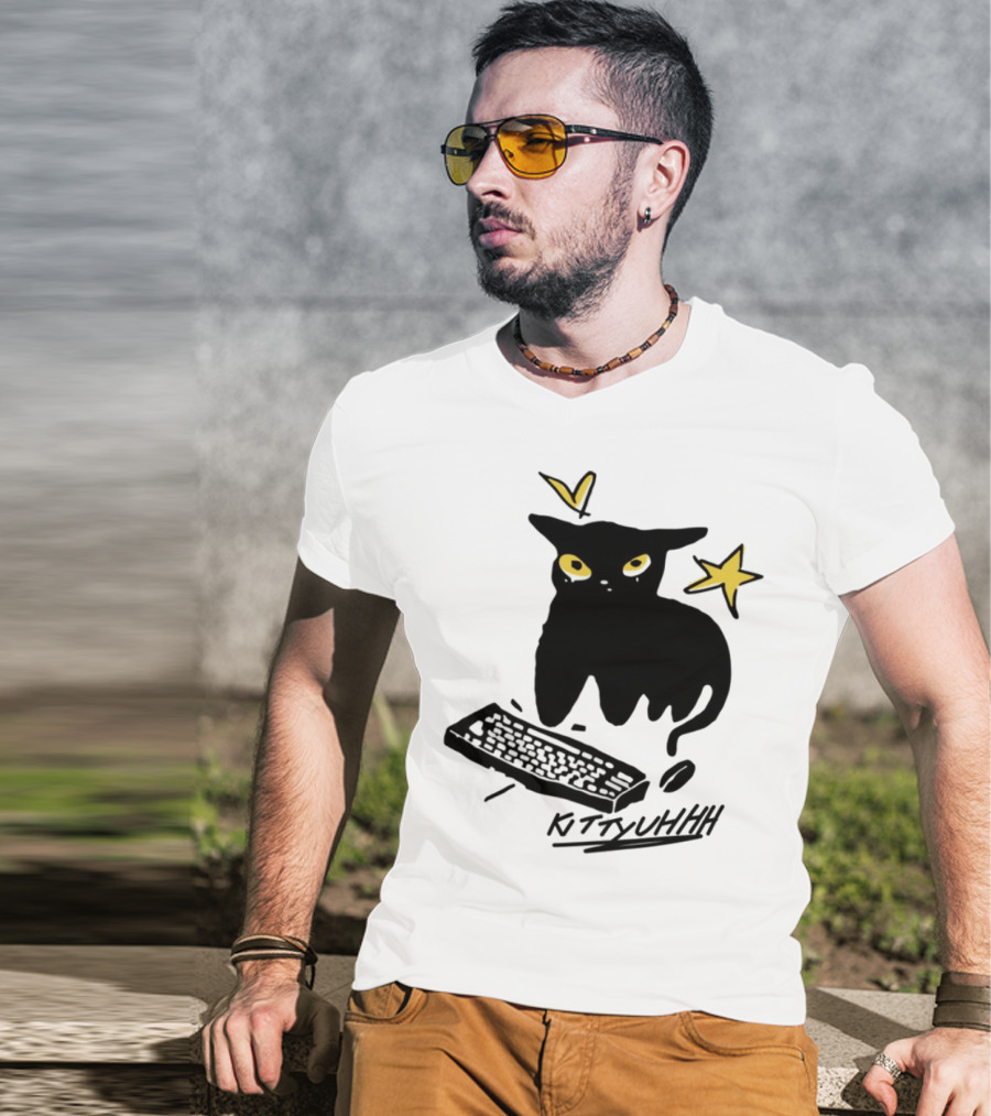 Kittyuhhh Cat At Keyboard With Yellow Eyes And Stars T-Shirt