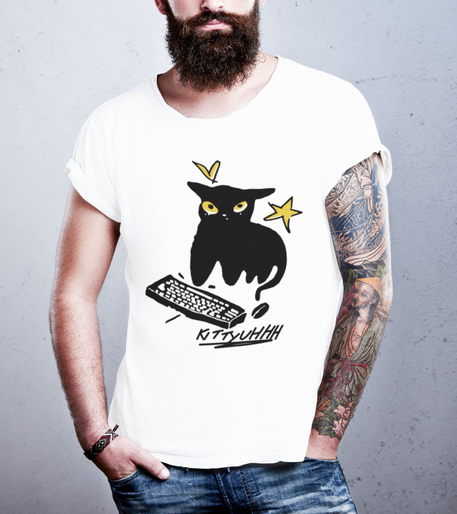 Kittyuhhh Cat At Keyboard With Yellow Eyes And Stars T-Shirt