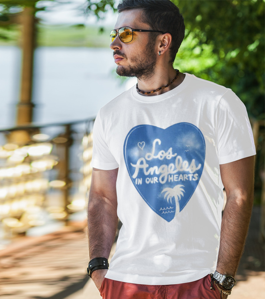 Los Angeles In Our Hearts Blue Heart With Palm Tree And Waves T-Shirt