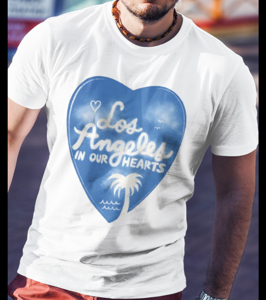Los Angeles In Our Hearts Blue Heart With Palm Tree And Waves T-Shirt