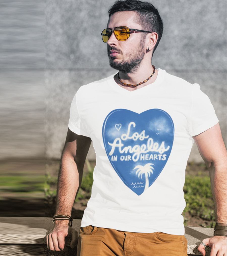 Los Angeles In Our Hearts Blue Heart With Palm Tree And Waves T-Shirt