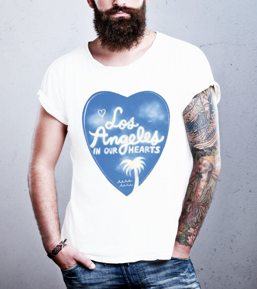 Los Angeles In Our Hearts Blue Heart With Palm Tree And Waves T-Shirt