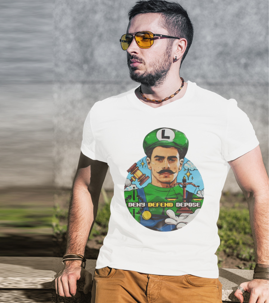 Luigi Mangione Deny Defend Depose Mario Bros Inspired Courtroom Adventure T-Shirt