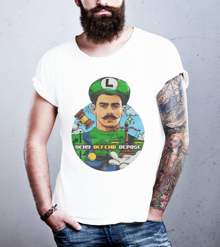 Luigi Mangione Deny Defend Depose Mario Bros Inspired Courtroom Adventure T-Shirt