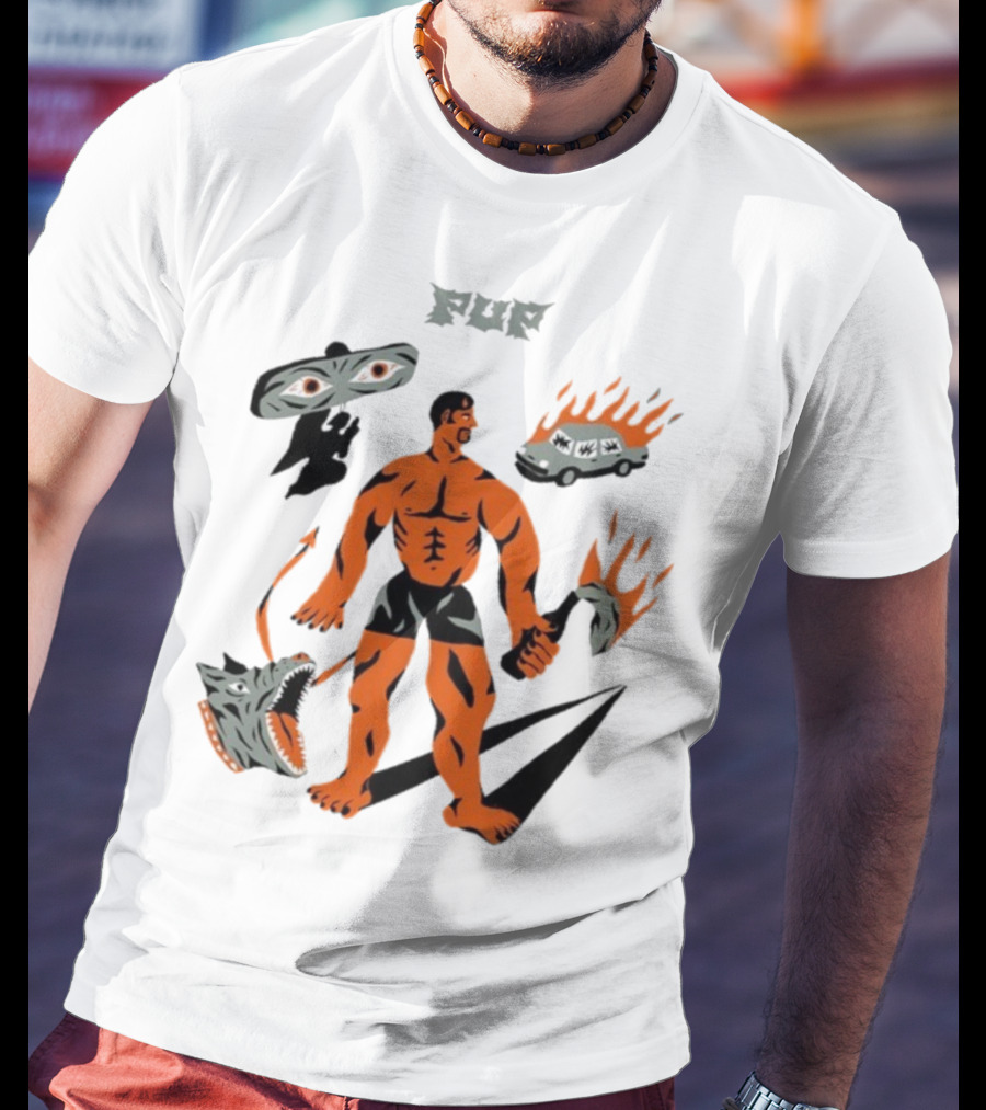 Pup Muscle Man Flaming Car And Wolf T-Shirt