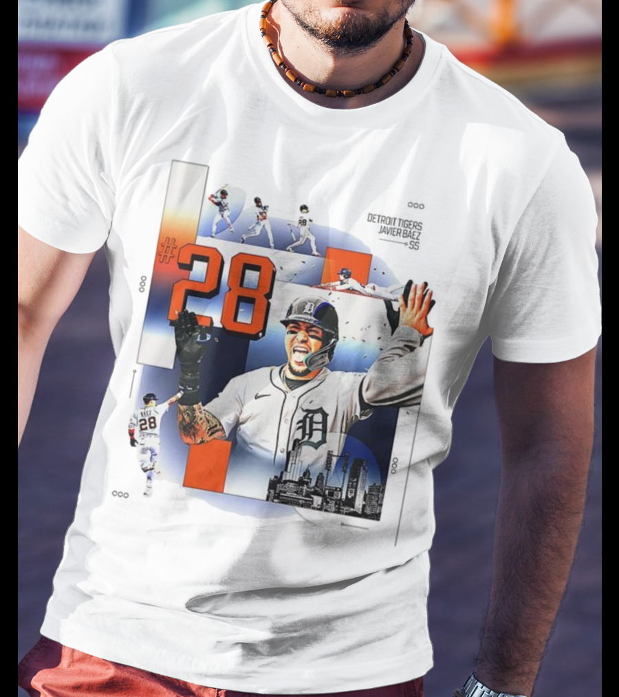 Javier Báez Detroit Tigers Number 28 Baseball Action High Five Urban Skyline T-Shirt