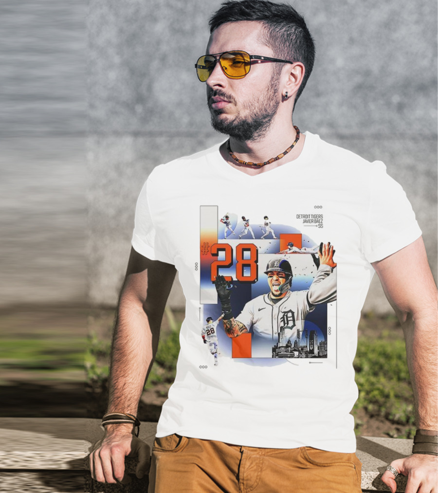 Javier Báez Detroit Tigers Number 28 Baseball Action High Five Urban Skyline T-Shirt