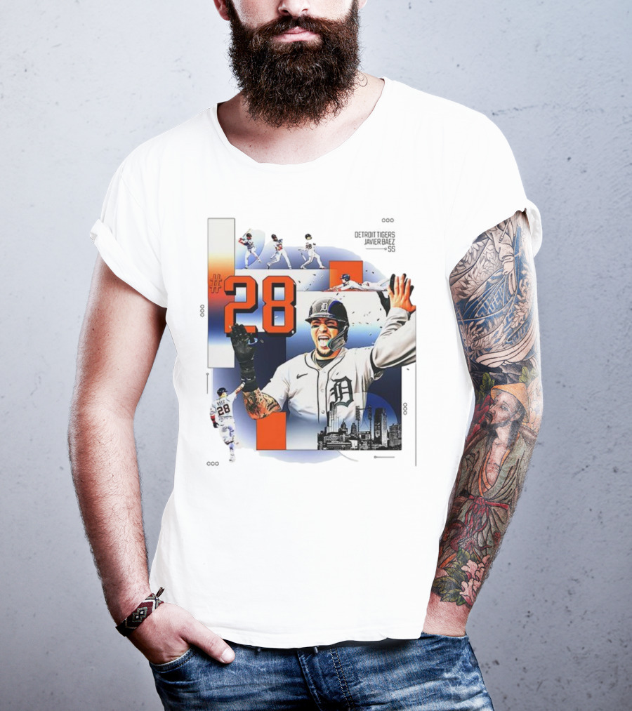Javier Báez Detroit Tigers Number 28 Baseball Action High Five Urban Skyline T-Shirt