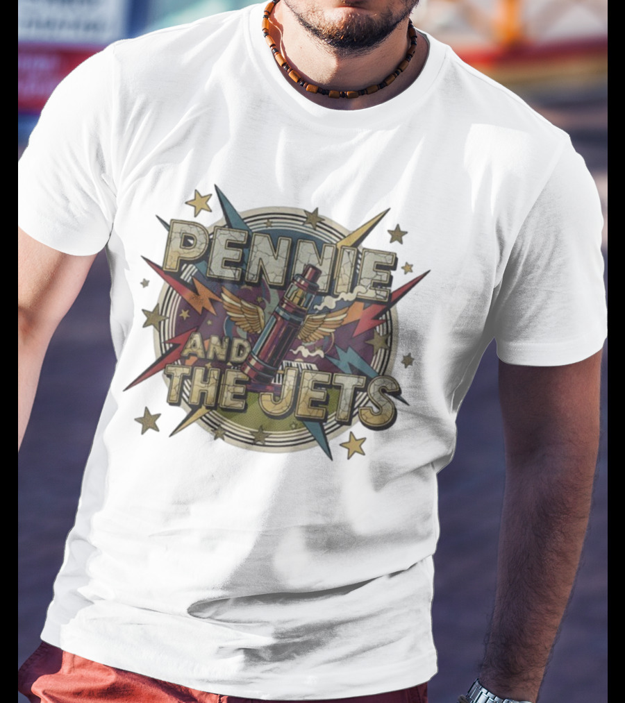 Pennie And The Jets Retro Style Music Rocket Winged Stars T-Shirt