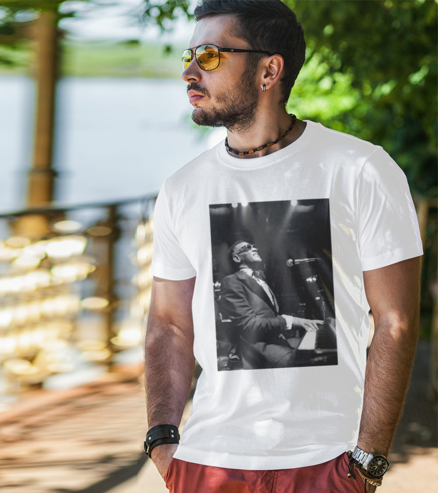 Ray Charles Live On Stage At The Piano In Black And White T-Shirt