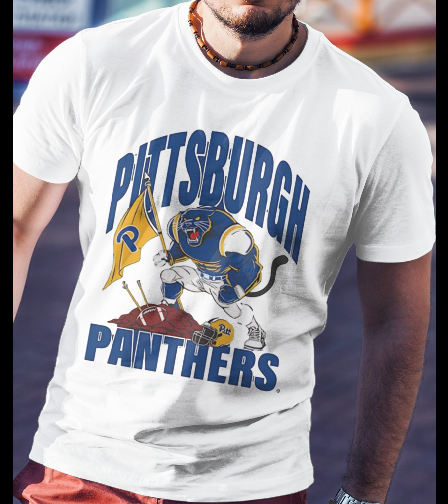 Pittsburgh Panthers Pitt Mascot Planting Flag Football Helmet T-Shirt