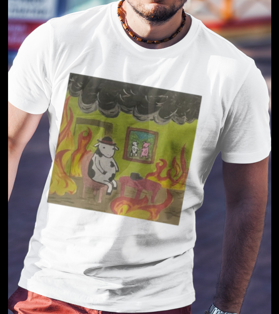 This Is Fine Cow Meme Fire Scene Surreal Humor T-Shirt