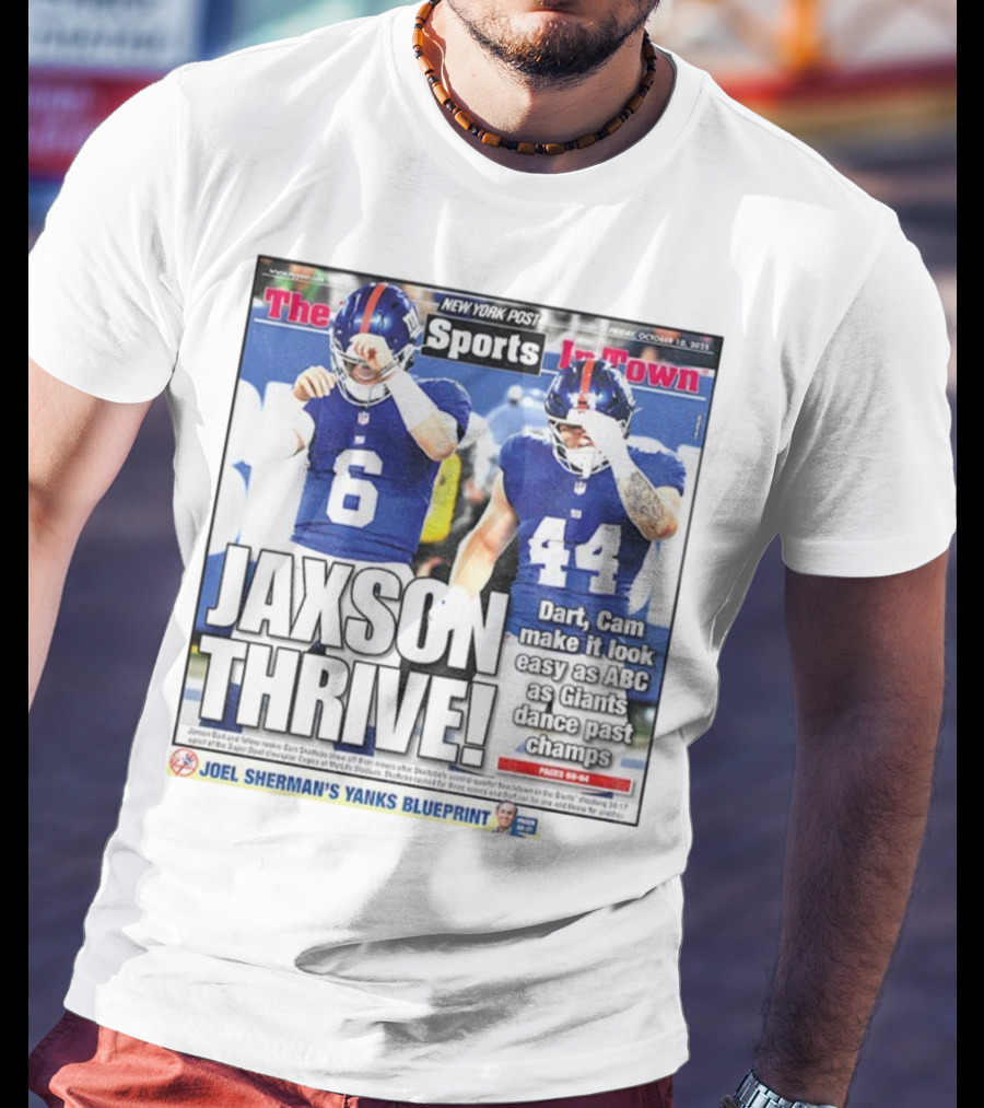 New York Post Jaxson Dart Cam Skattebo Giants Thrive Edition T-Shirt