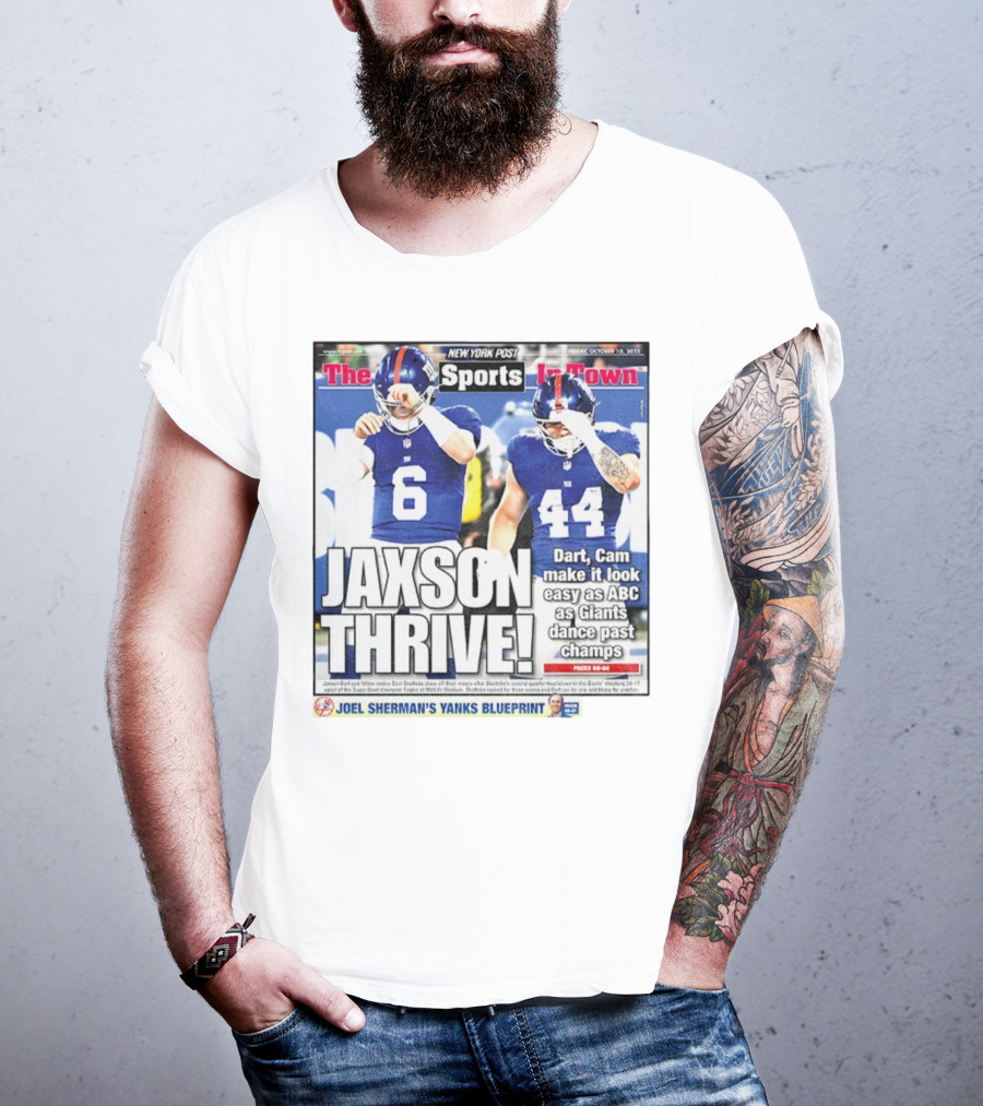 New York Post Jaxson Dart Cam Skattebo Giants Thrive Edition T-Shirt