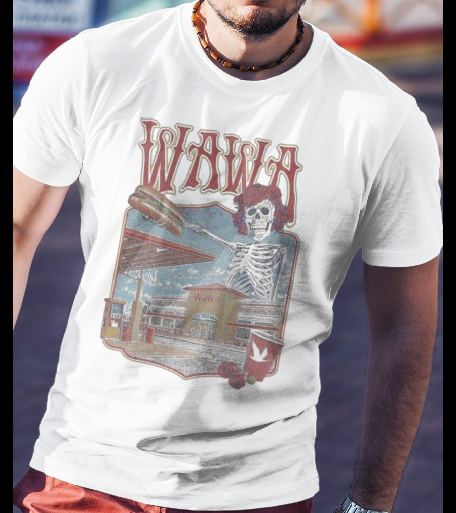 Wawa Grateful Dead Skeleton Holding Hoagie At Gas Station Scene T-Shirt