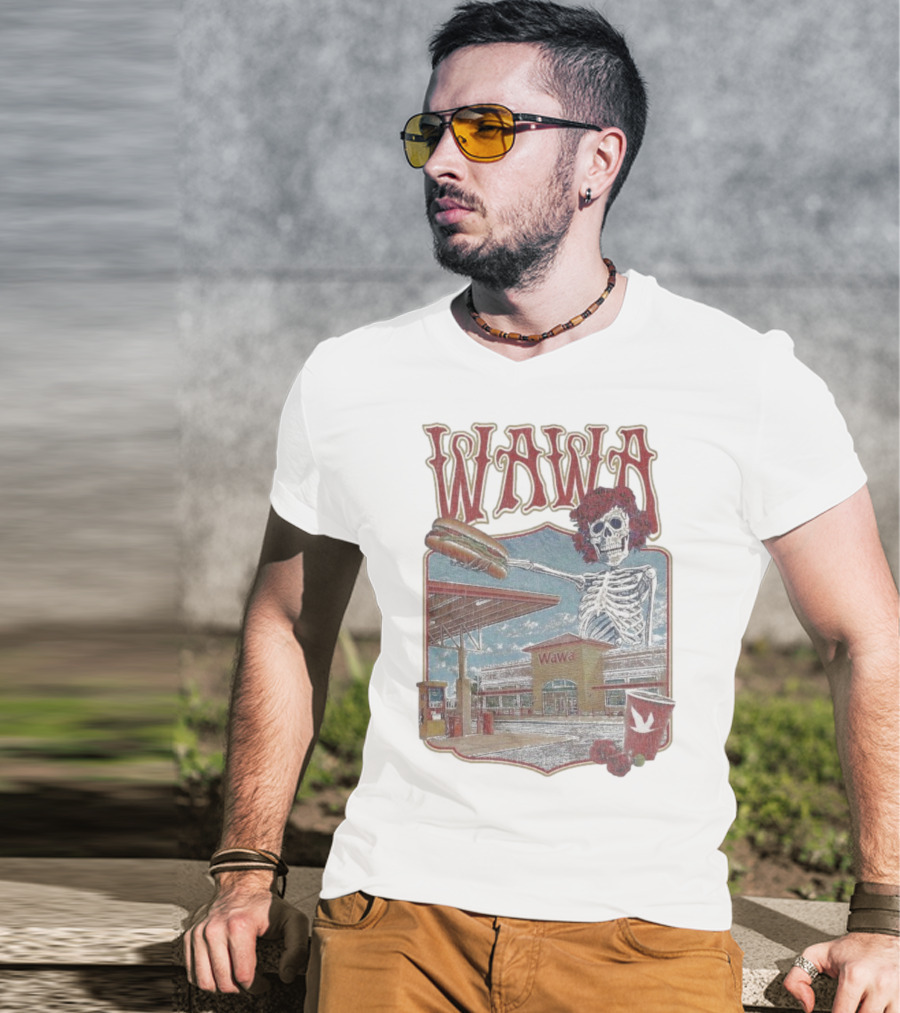 Wawa Grateful Dead Skeleton Holding Hoagie At Gas Station Scene T-Shirt