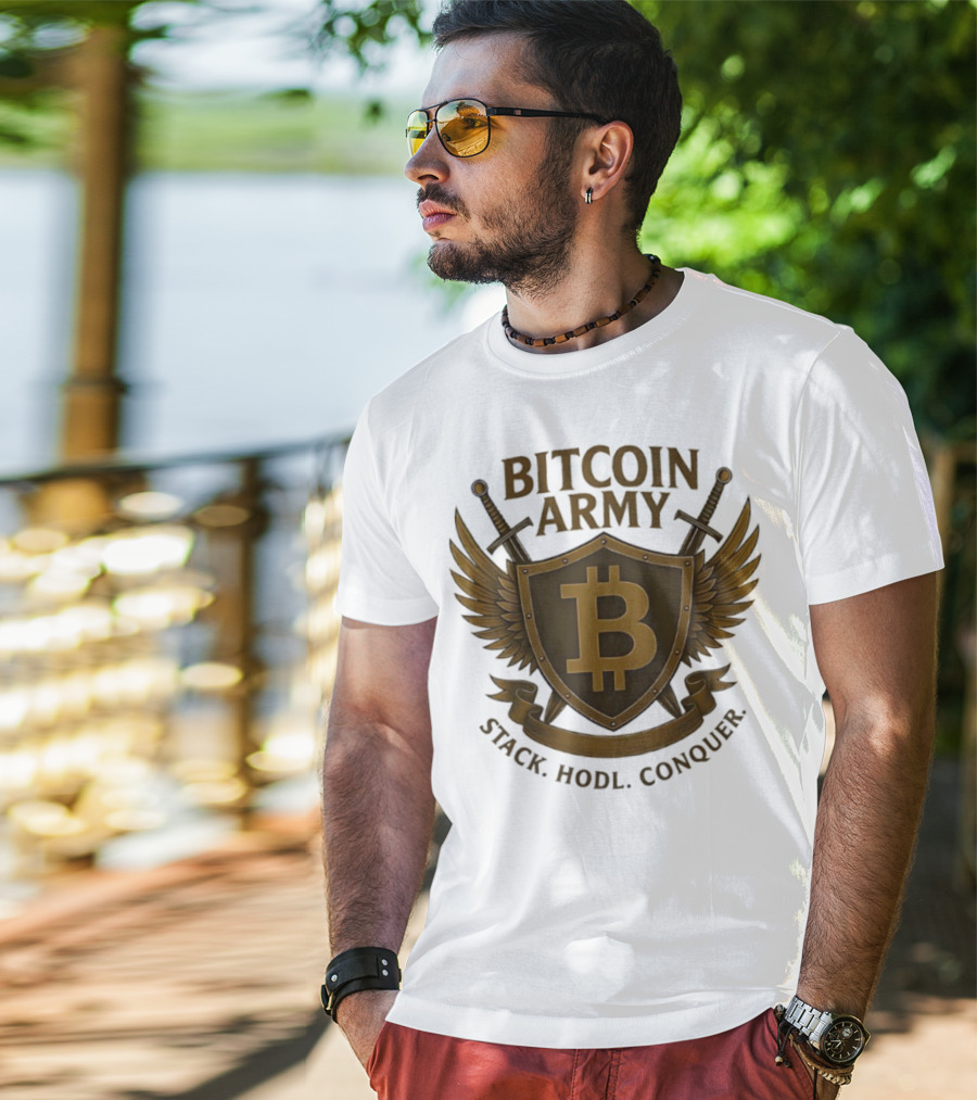 Bitcoin Army Shield Stack Hodl Conquer Crypto Warriors T-Shirt