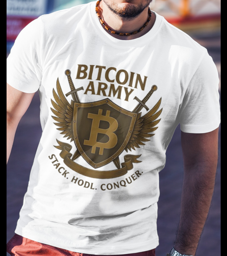 Bitcoin Army Shield Stack Hodl Conquer Crypto Warriors T-Shirt