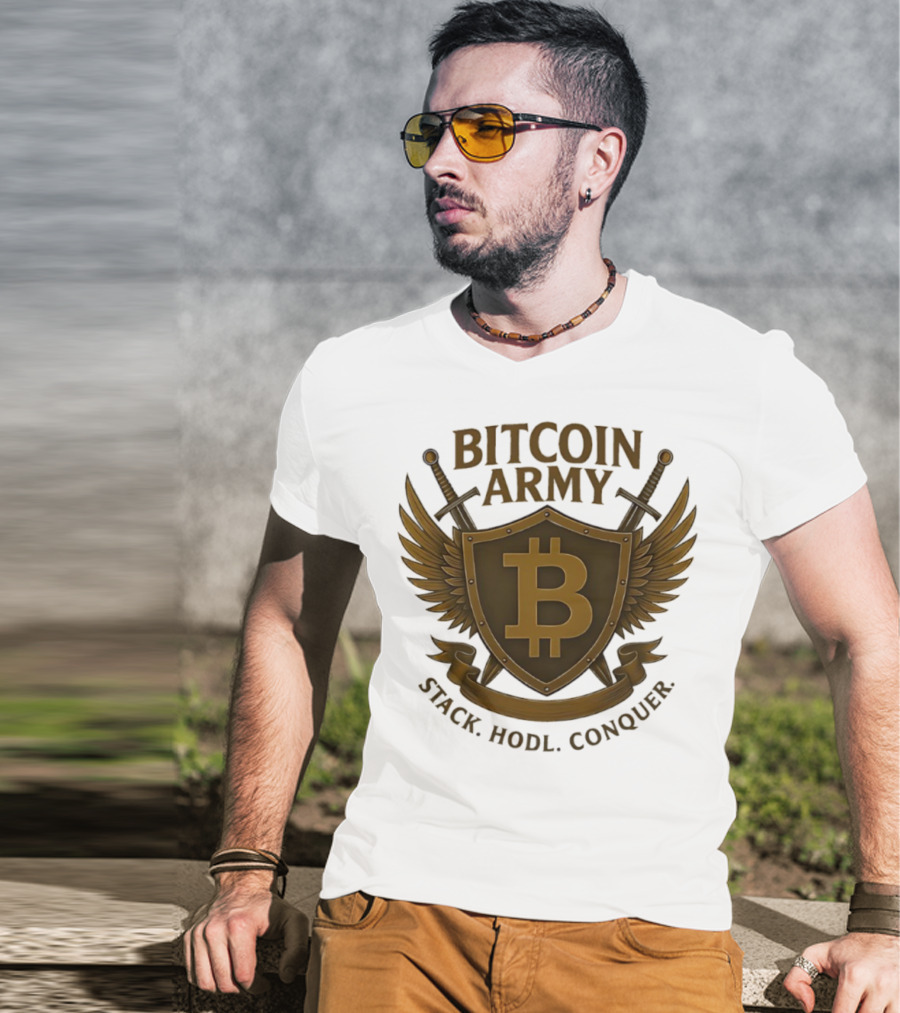 Bitcoin Army Shield Stack Hodl Conquer Crypto Warriors T-Shirt