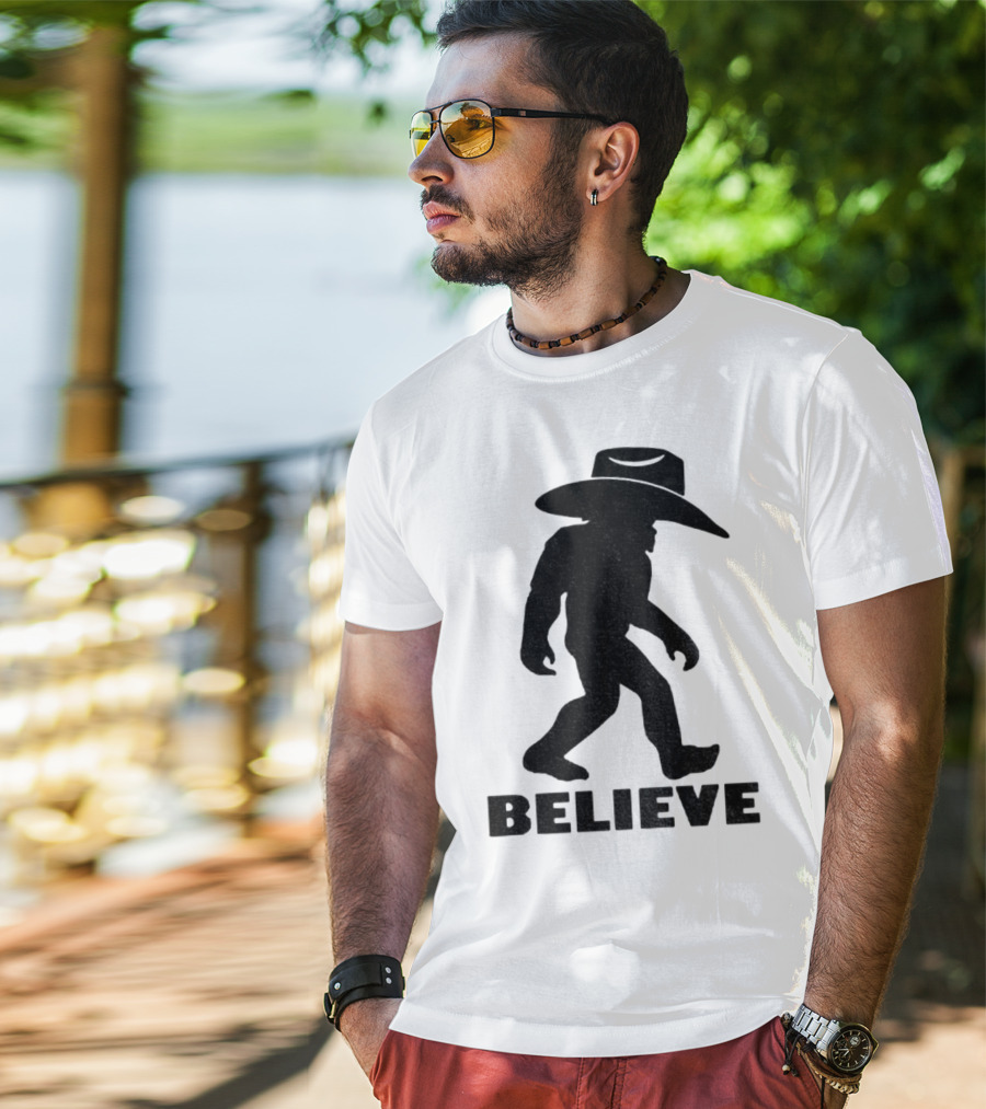Believe Bigfoot Cowboy Hat Western Myth Legend T-Shirt