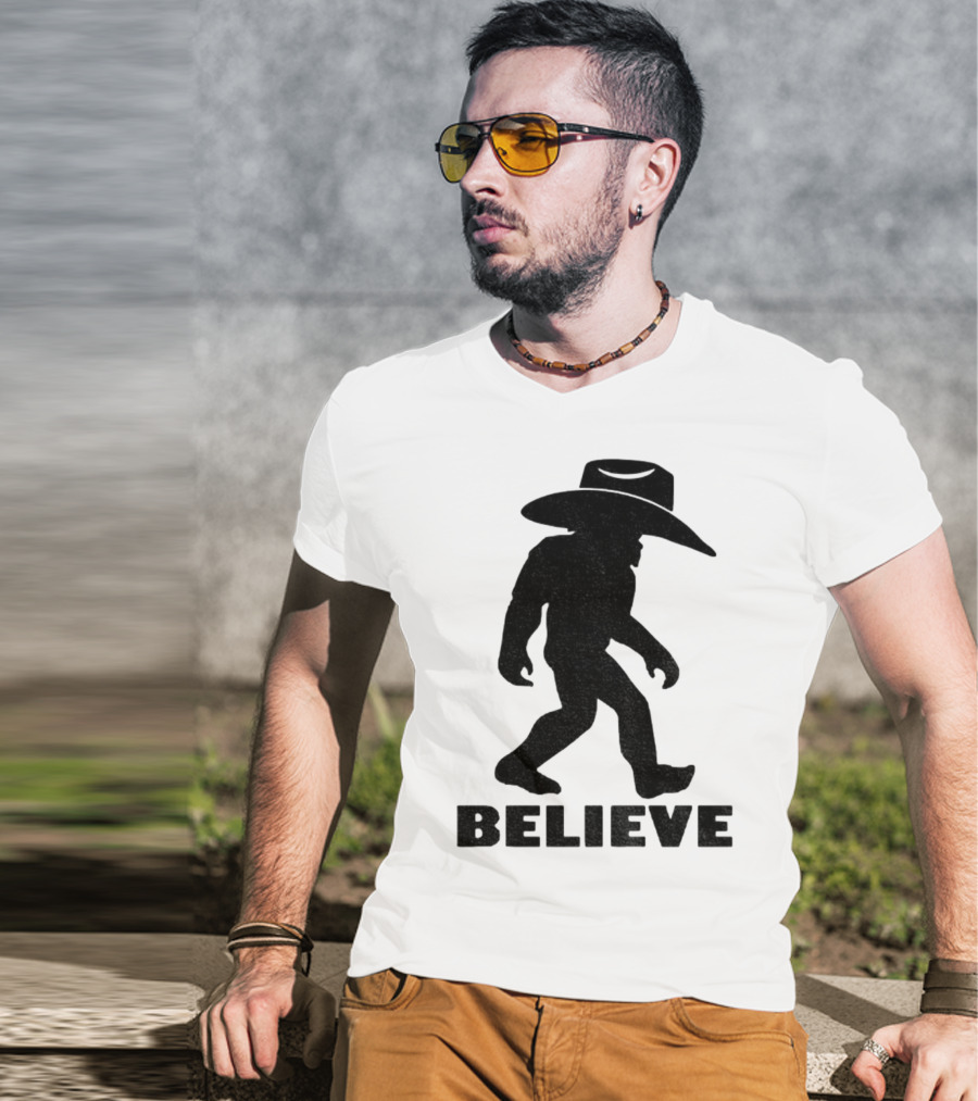 Believe Bigfoot Cowboy Hat Western Myth Legend T-Shirt