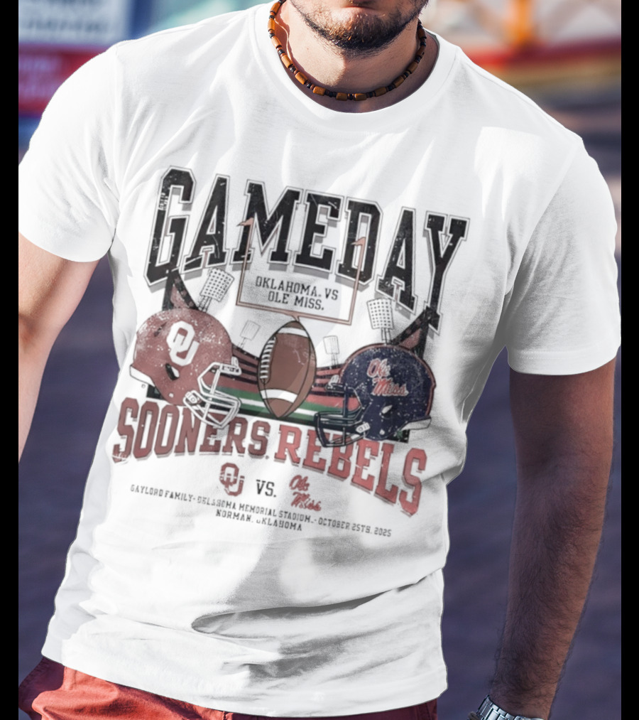 Gameday Oklahoma Sooners Vs Ole Miss Rebels Gaylord Family Oklahoma Memorial Stadium Football Helmets T-Shirt