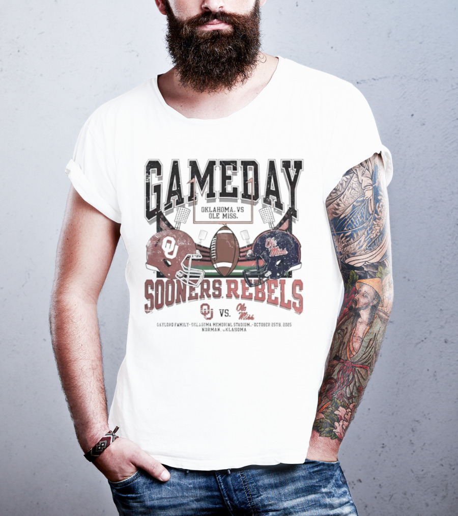 Gameday Oklahoma Sooners Vs Ole Miss Rebels Gaylord Family Oklahoma Memorial Stadium Football Helmets T-Shirt