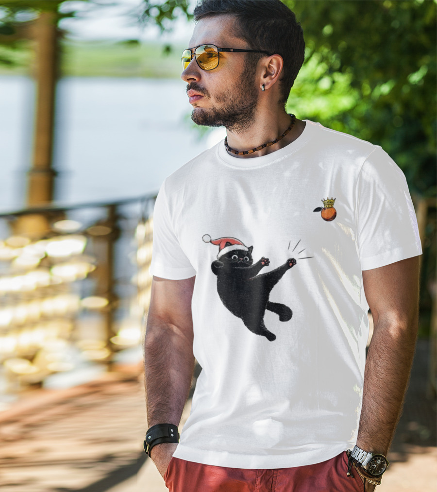 Black Cat Santa Hat Kicking Crowned Orange No Kings Christmas Anti-Trump T-Shirt