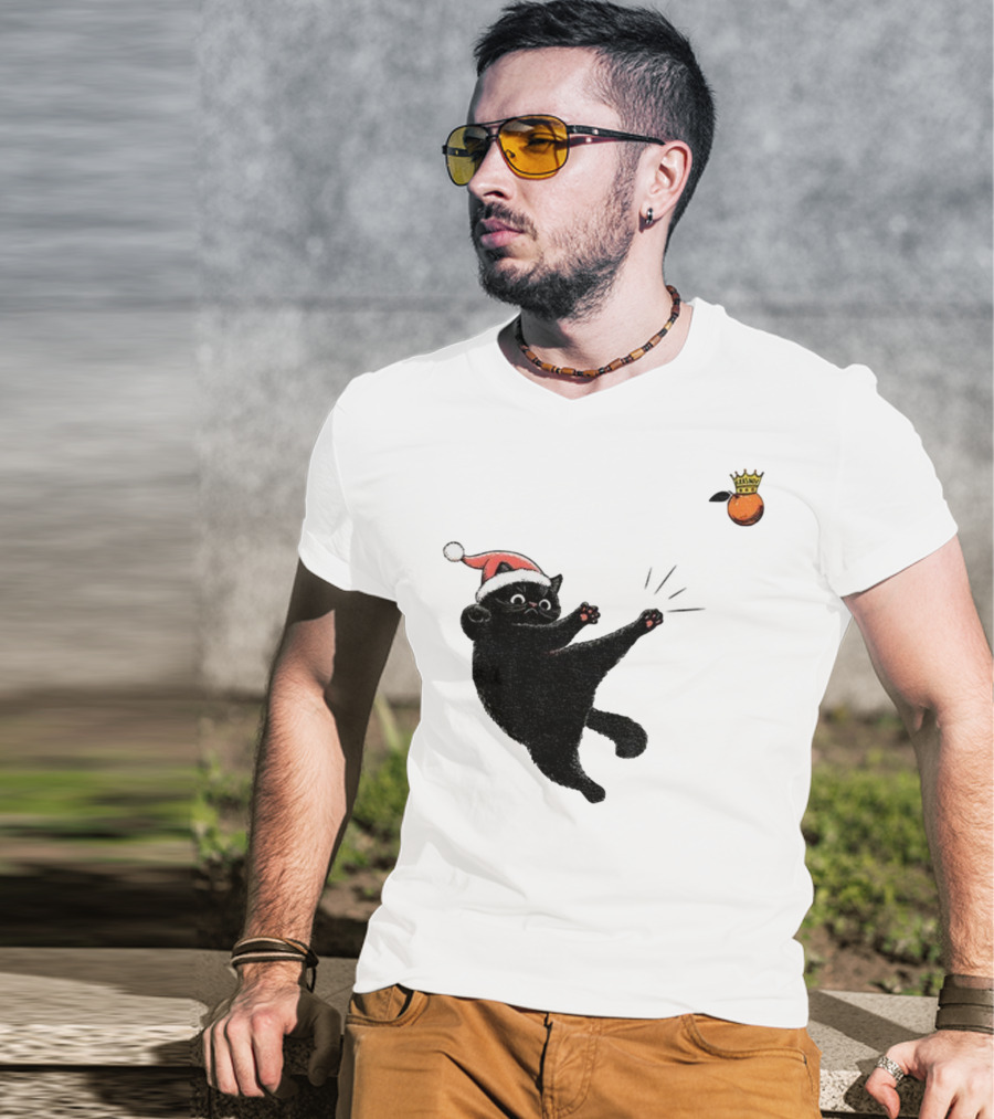 Black Cat Santa Hat Kicking Crowned Orange No Kings Christmas Anti-Trump T-Shirt