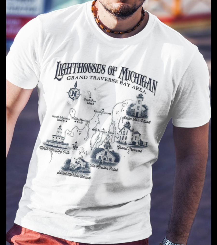 Lighthouses Of Michigan Grand Traverse Bay Area White Shoal South Fox Island Old Mission Grand Traverse South Manitou Northport T-Shirt