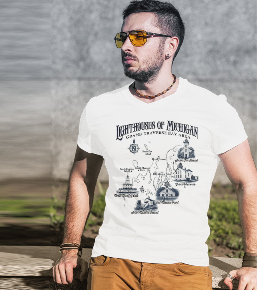 Lighthouses Of Michigan Grand Traverse Bay Area White Shoal South Fox Island Old Mission Grand Traverse South Manitou Northport T-Shirt