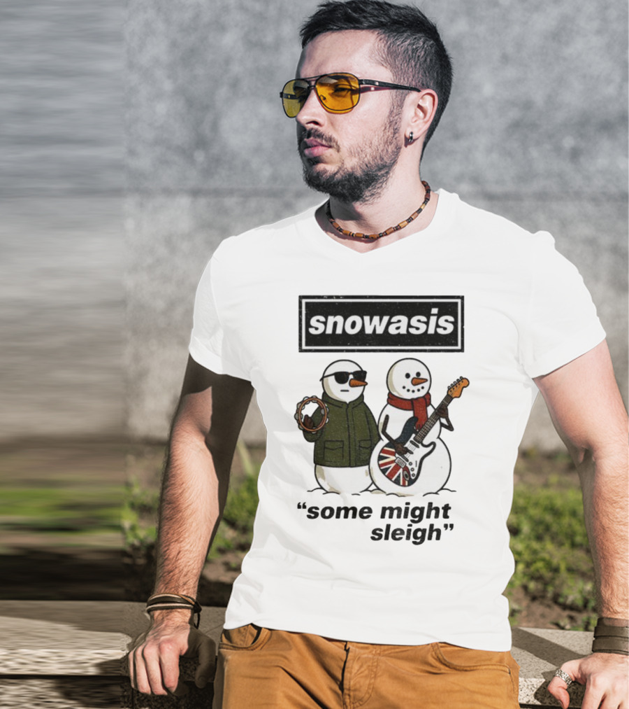Snowasis Some Might Sleigh Christmas Snowmen With Guitars And Tambourine T-Shirt