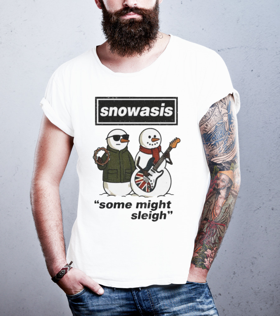 Snowasis Some Might Sleigh Christmas Snowmen With Guitars And Tambourine T-Shirt