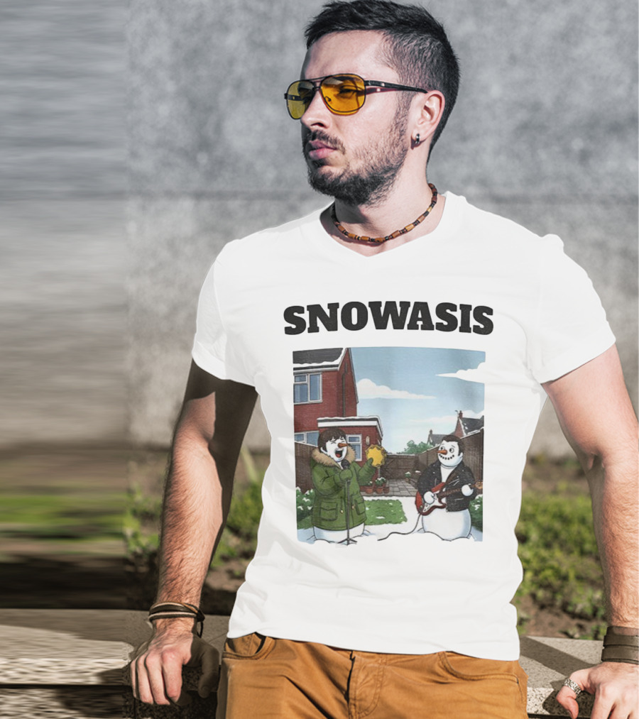 Snowasis Snowman Winter Oasis Vintage Guitar Tambourine Scene T-Shirt