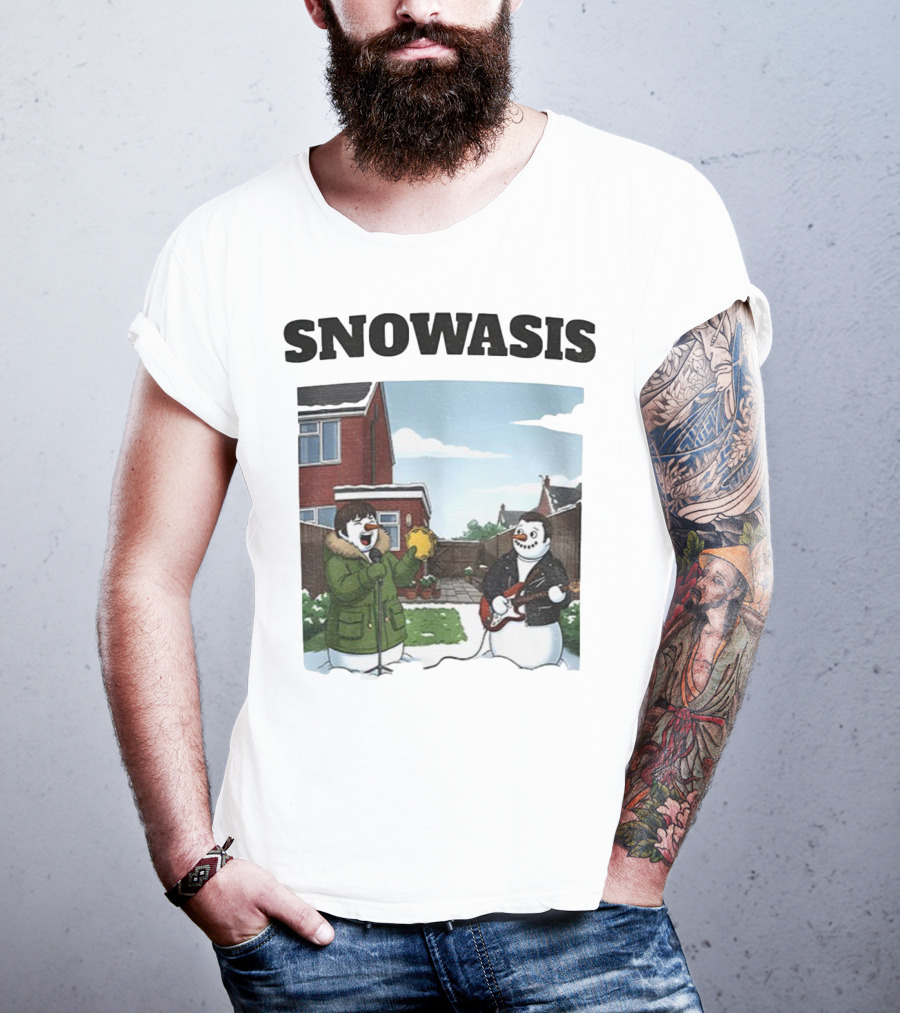 Snowasis Snowman Winter Oasis Vintage Guitar Tambourine Scene T-Shirt