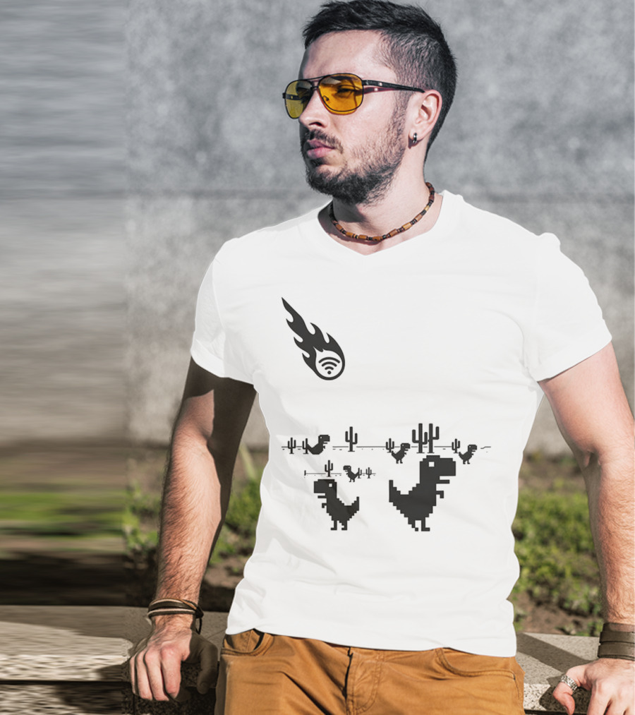 WiFi Meteor Extinction Dinosaur Game Pixel Art T-Shirt