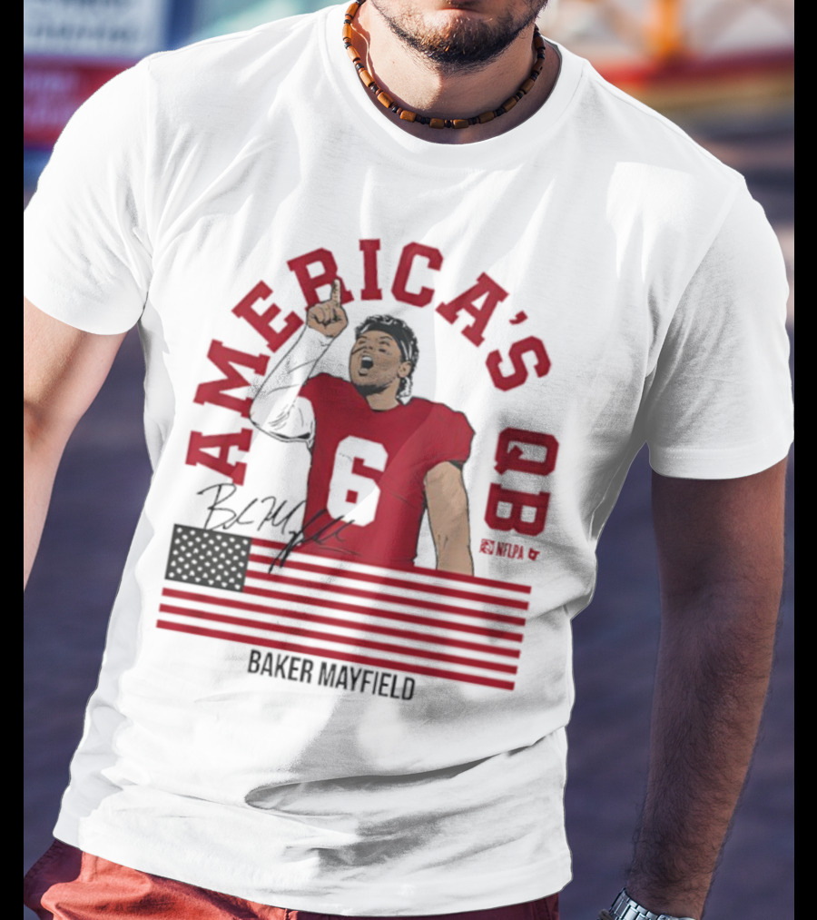 Baker Mayfield America's QB Number 6 USA Flag Signature T-Shirt
