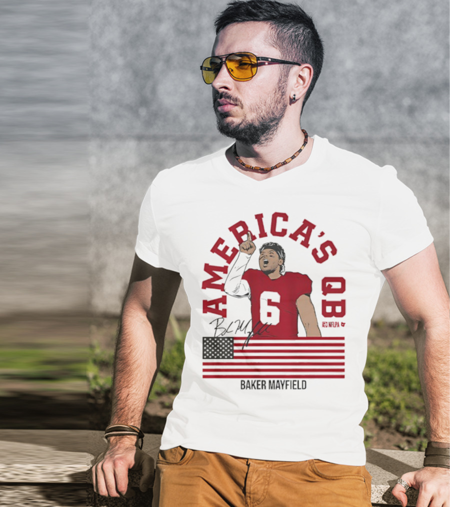 Baker Mayfield America's QB Number 6 USA Flag Signature T-Shirt