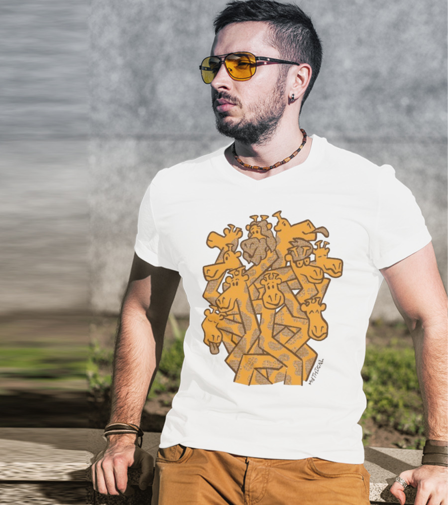 Mythical Gentle Giants Giraffe Cartoon Ensemble T-Shirt