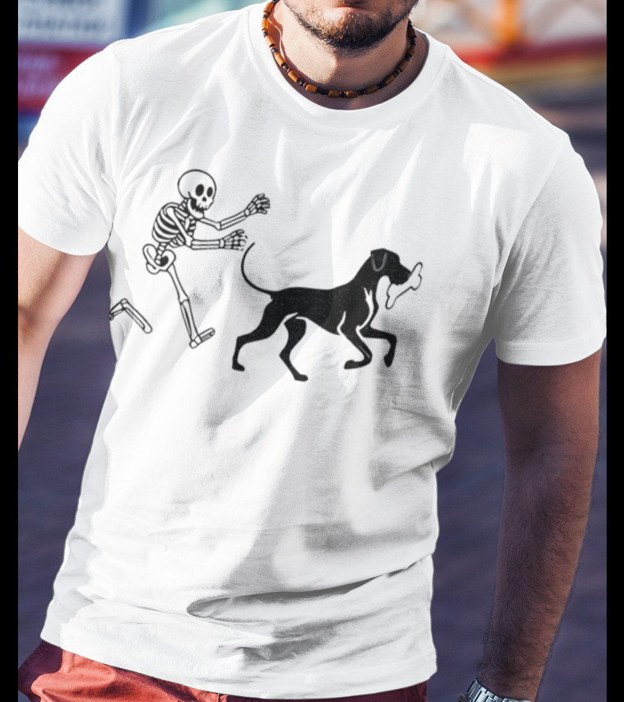 Skeleton Chasing Dog With Bone Funny Meme Halloween T-Shirt